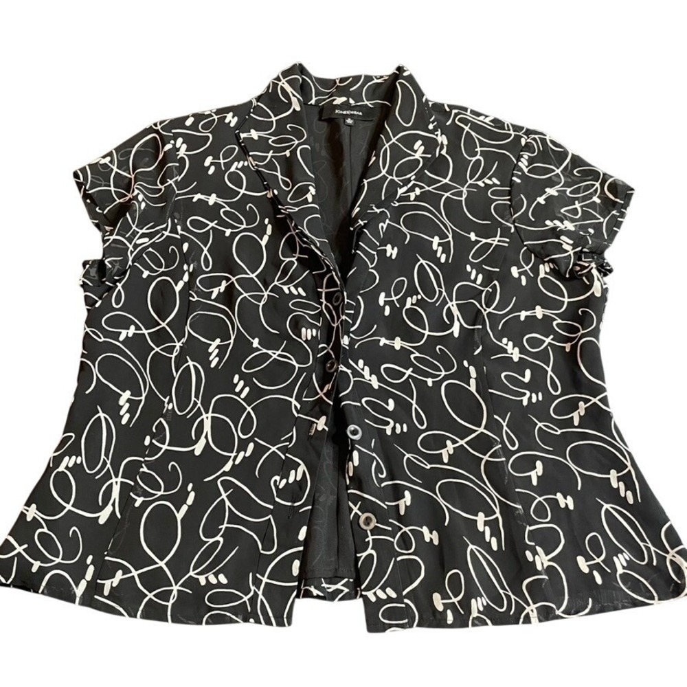 JONESWEAR Women's Black White Swirl Print Short Sleeve Blouse Top Size 14